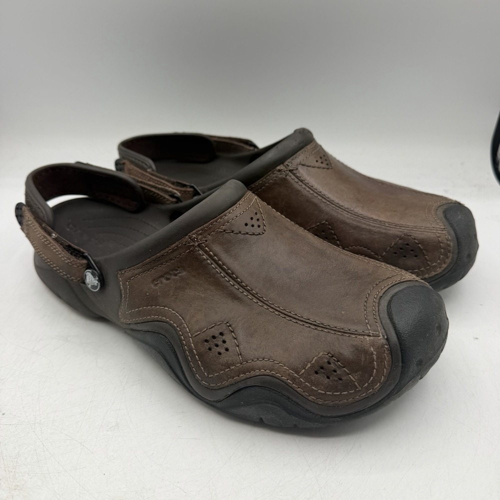 CROCS Swiftwater Clogs Mens Sz 12 Brown Leather Slip-On Shoes Adjustable Strap